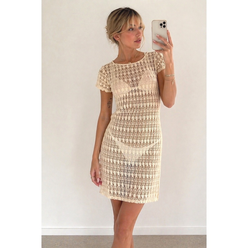 90s Minimalism Vintage Sheer Crochet Cover Up Mini Dress Cream Cotton Small
